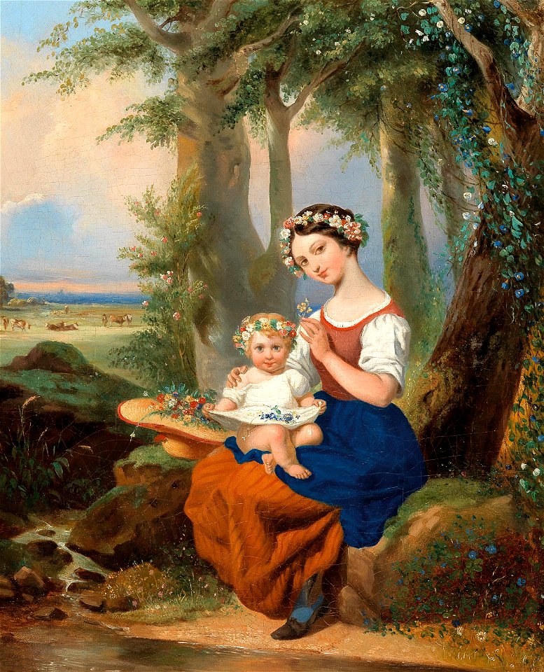 Girls with flower wreaths France c1840