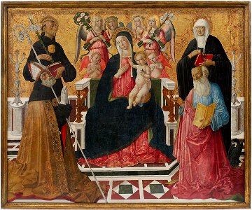 Girolamo di Benvenuto di Giovanni del Guasta - Madonna and Child with Saints Nicholas of Tolentino, Monica, Augustine, and John the Evangelist - 1927.206 - Fogg Museum