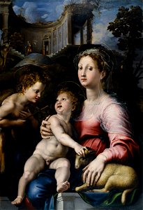 Giulio Romano - The Madonna and Child with Saint John the Baptist - Google Art Project. Free illustration for personal and commercial use.