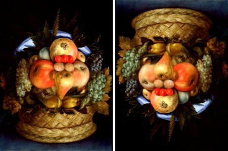 Giuseppe Arcimboldo, Reversible Head with Basket of Fruit, c. 1590, oil on panel. Free illustration for personal and commercial use.