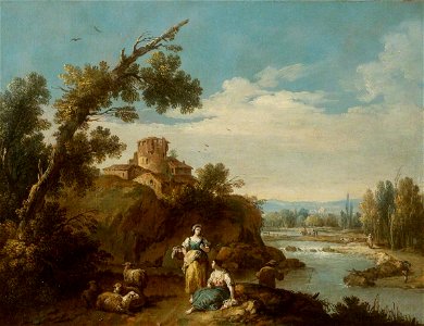Giuseppe Zais (1709-1781) - River Landscape with Two Country Women and Four Sheep on a Winding Road, a Fisherman, and Farm Build - 267083 - National Trust