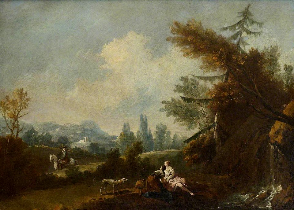 Giuseppe Zais (1709-1781) - Hilly Landscape, with Two Country Women and a Dog by a Small Waterfall and a Rider on a Road - 267082 - National Trust