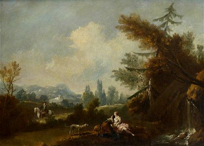 Giuseppe Zais (1709-1781) - Hilly Landscape, with Two Country Women and a Dog by a Small Waterfall and a Rider on a Road - 267082 - National Trust
