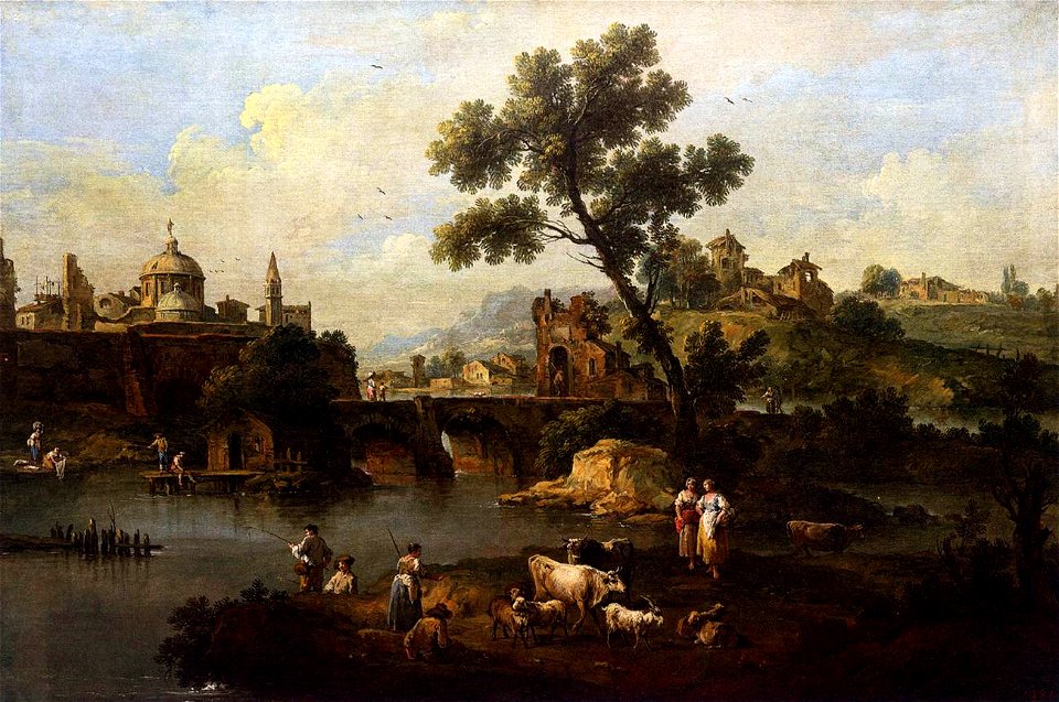 Giuseppe Zais - Landscape with River and Bridge - WGA25941