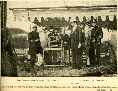 Gli esperimenti del telegrafo Marconi alla Spezia. Free illustration for personal and commercial use.