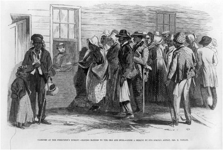 Glimpses at the Freedmen's Bureau. Issuing rations to the old and sick - from a sketch by our special artist, Jas. E. Taylor. LCCN2009633700