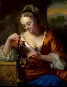 Godefridus Schalcken - Jonge vrouw met een vogel en juwelen in een weegschaal - NG199 - National Gallery. Free illustration for personal and commercial use.