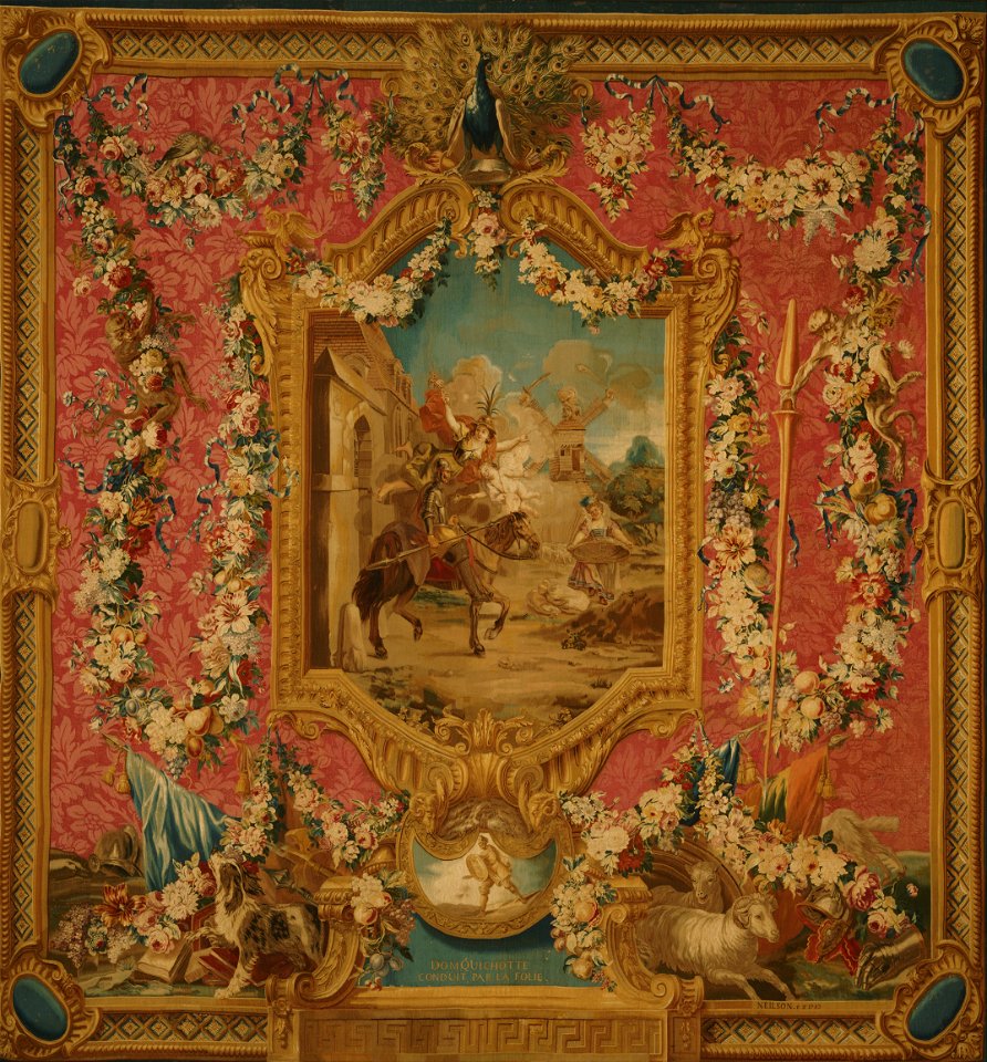 Woven at the Gobelins tapestry manufactory, Paris, 1699 - present - Tapestry showing Don Quixote Guided by Folly, Setting Forth to be a Knight-Errant - Google Art Project