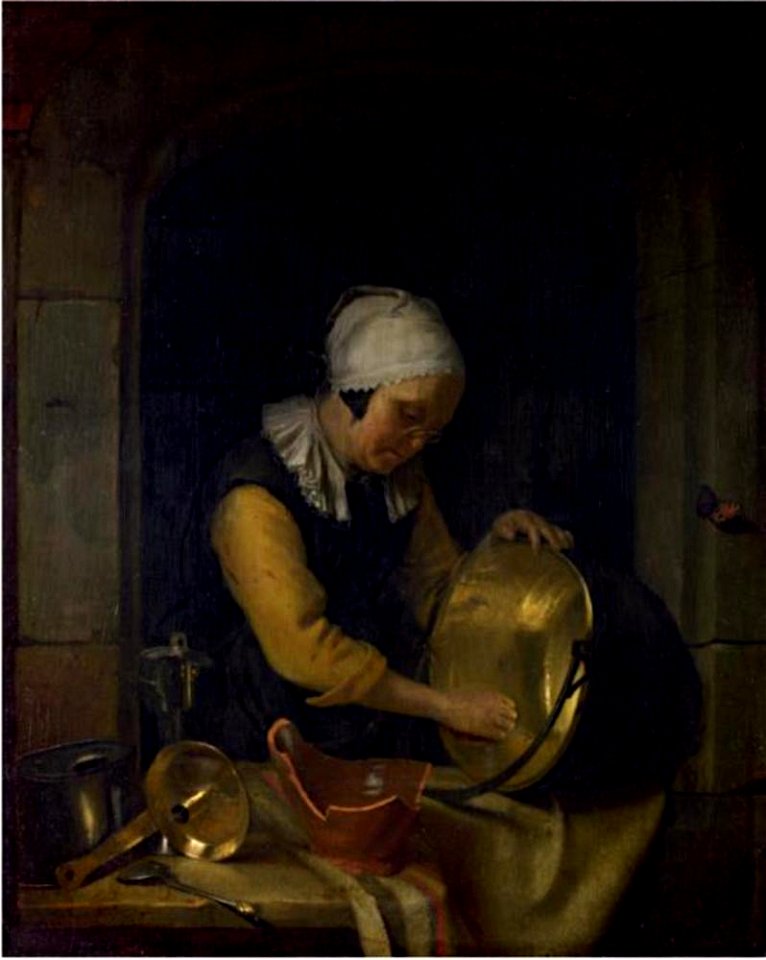 Godefridus Schalcken - Oude vrouw die een koperen ketel schuurt in een nis - NG997 - National Gallery