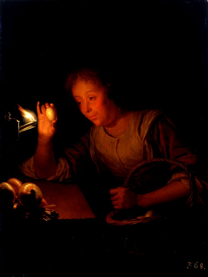 Godfried Schalcken - Proving eggs by lamplight
