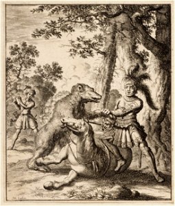 Godfried van Bouillon verslaat een beer en verlost een krijgsknecht, wiens paard gewond ter aarde ligt, objectnr A 41598