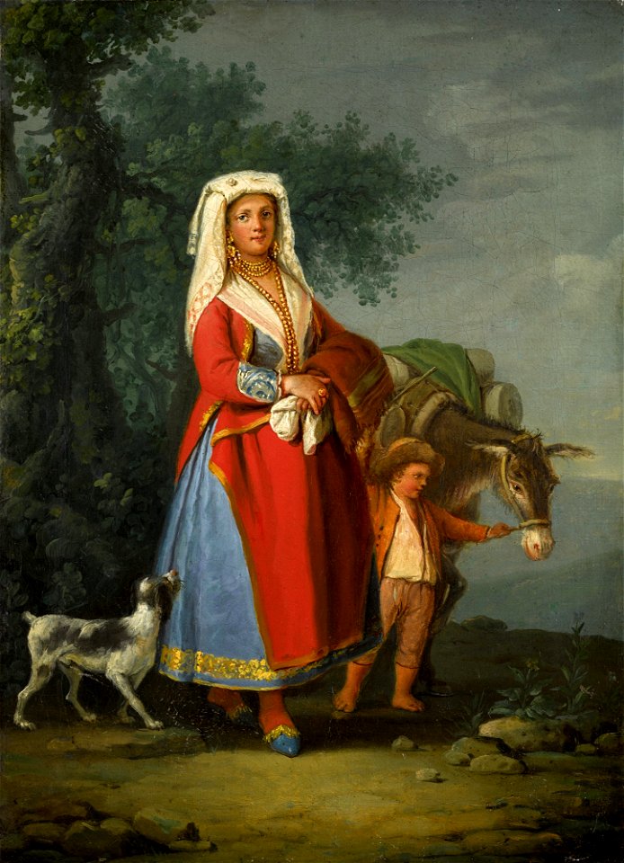 A young girl in traditional Neapolitan dress in a landscape… by Pietro Fabris