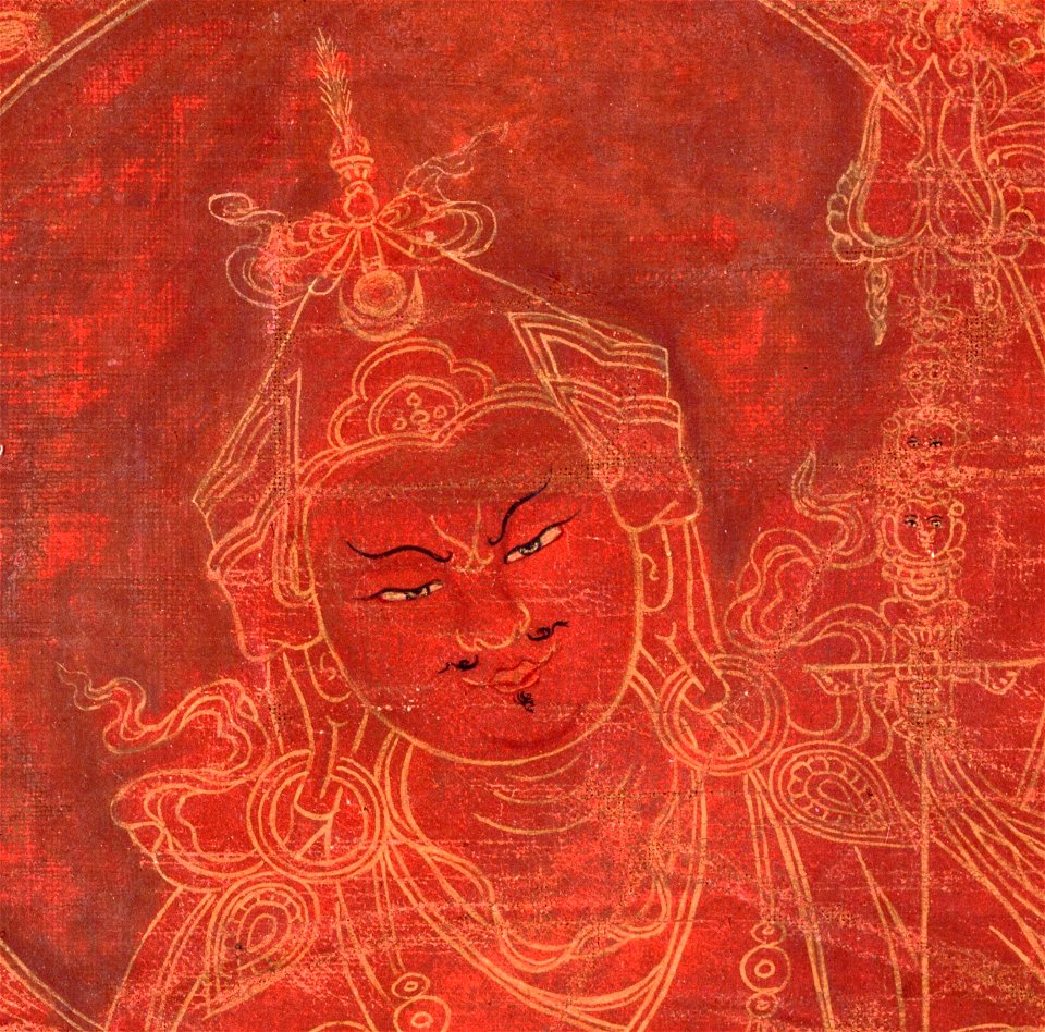 Face detail, Padmasambhava, 18th-century painting from Tibet, red ground mineral pigment on cotton (cropped)