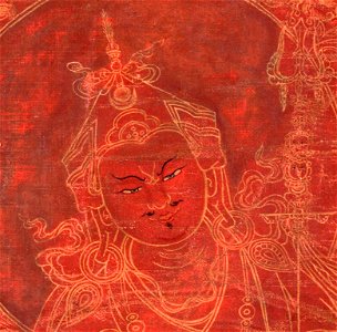 Face detail, Padmasambhava, 18th-century painting from Tibet, red ground mineral pigment on cotton (cropped)