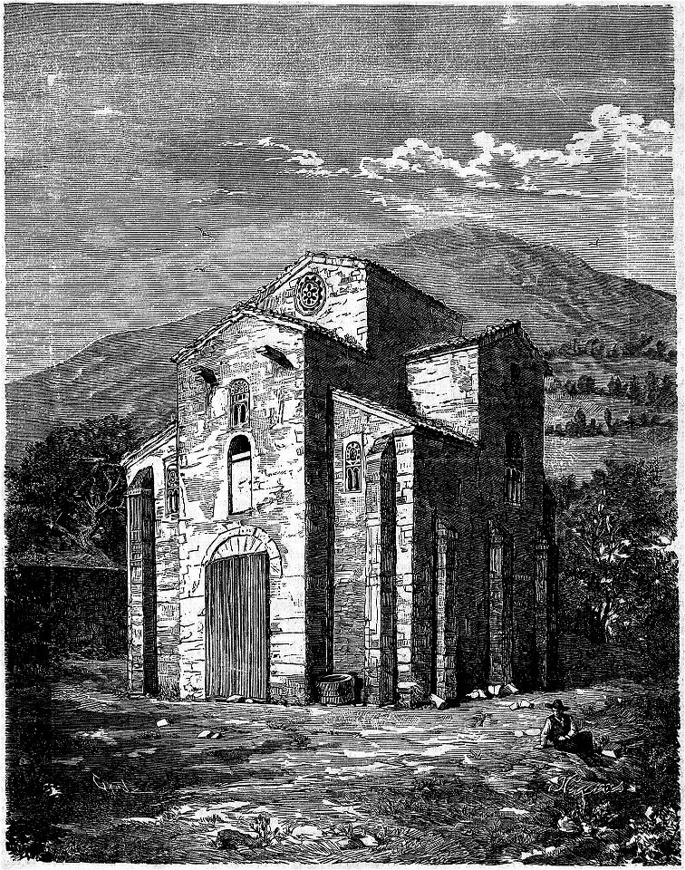 Fachada de San Miguel del Lino (sic), en Asturias, de Cuevas