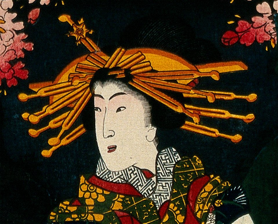 Face detail, from- A courtesan promenading under cherry trees of the Yoshiwara, Wellcome V0046974 (cropped)