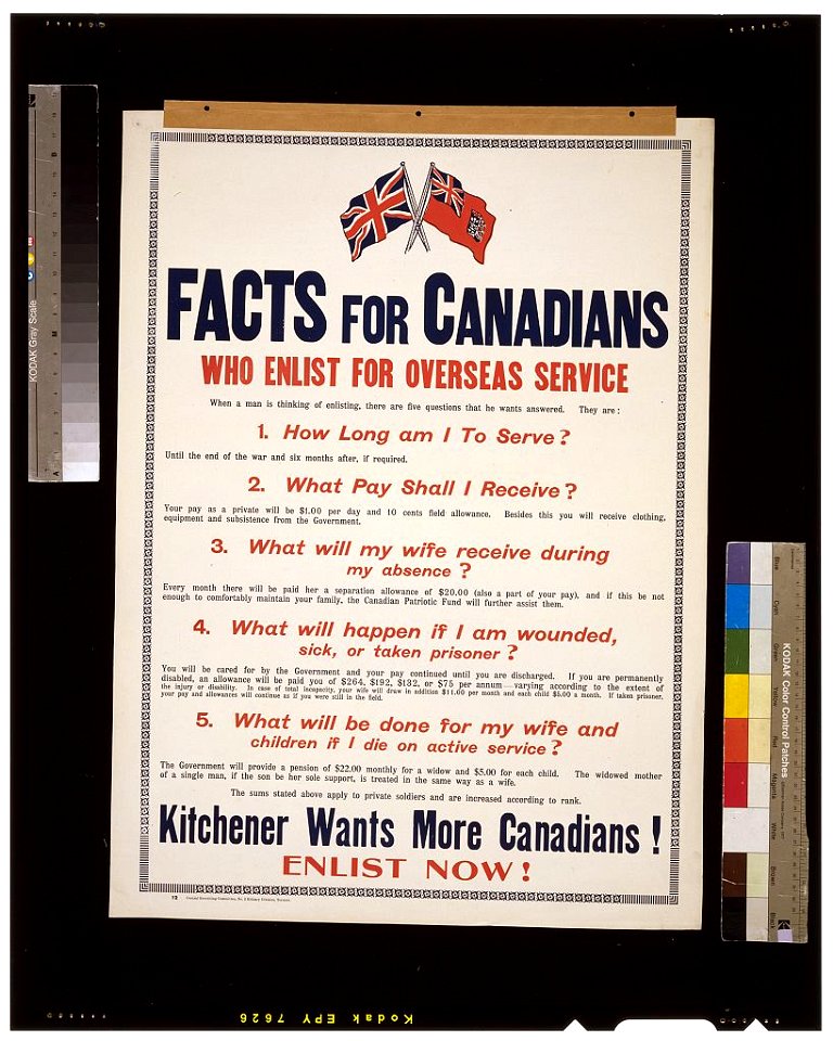 Facts for Canadians who enlist for overseas service. ... Kitchener wants more Canadians! Enlist now! LCCN2005691291