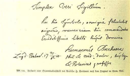 Facsimile einer Stammbuchinschrift von Professor Herman Boeraave
