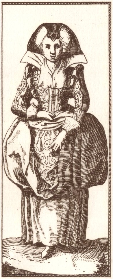 Faemina Plebeia Parisiensis Femme bourgeoise de Paris, map of Paris by Claes Jansz. Visscher