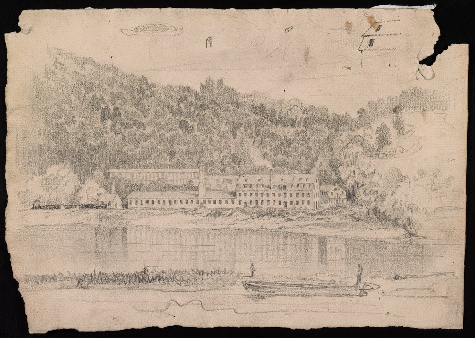 Factory at edge of river, tucked below rolling hills, train passing before it on the left; in the foreground, a man fishes near a barge in a canal LCCN2016645552