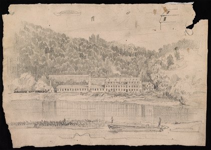Factory at edge of river, tucked below rolling hills, train passing before it on the left; in the foreground, a man fishes near a barge in a canal LCCN2016645552