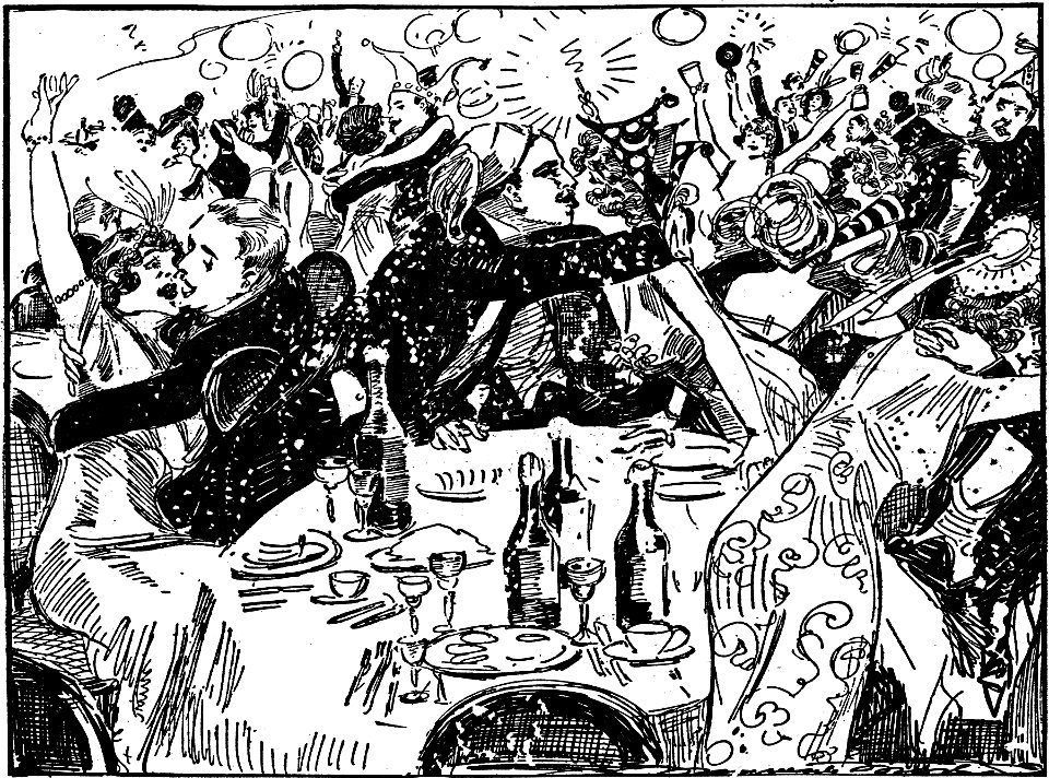 Fanciful sketch by Marguerite Martyn of a New Years Eve celebration