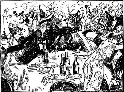 Fanciful sketch by Marguerite Martyn of a New Years Eve celebration