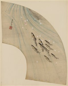 Fan-shaped drawing of fish swimming upstream LCCN2009630015