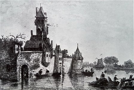 Fantasierijke tekening van vestingwerk in Maastricht-Wyck (gravure Kirk naar tekening Moss, ca 1820)