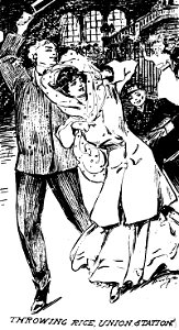 Fanciful drawing by Marguerite Martyn of a newlywed couple at St. Louis Union Station, 1906. Free illustration for personal and commercial use.