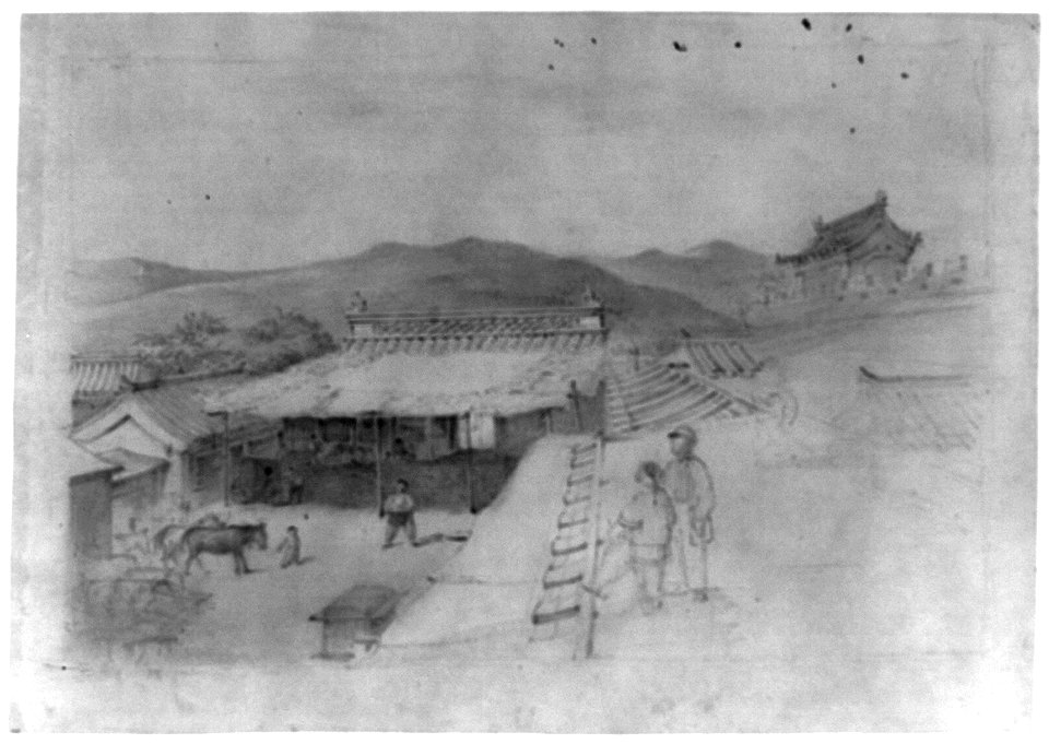Farm buildings with courtyard and animals, and two figures standing on a roof; large building in the background LCCN2011660760
