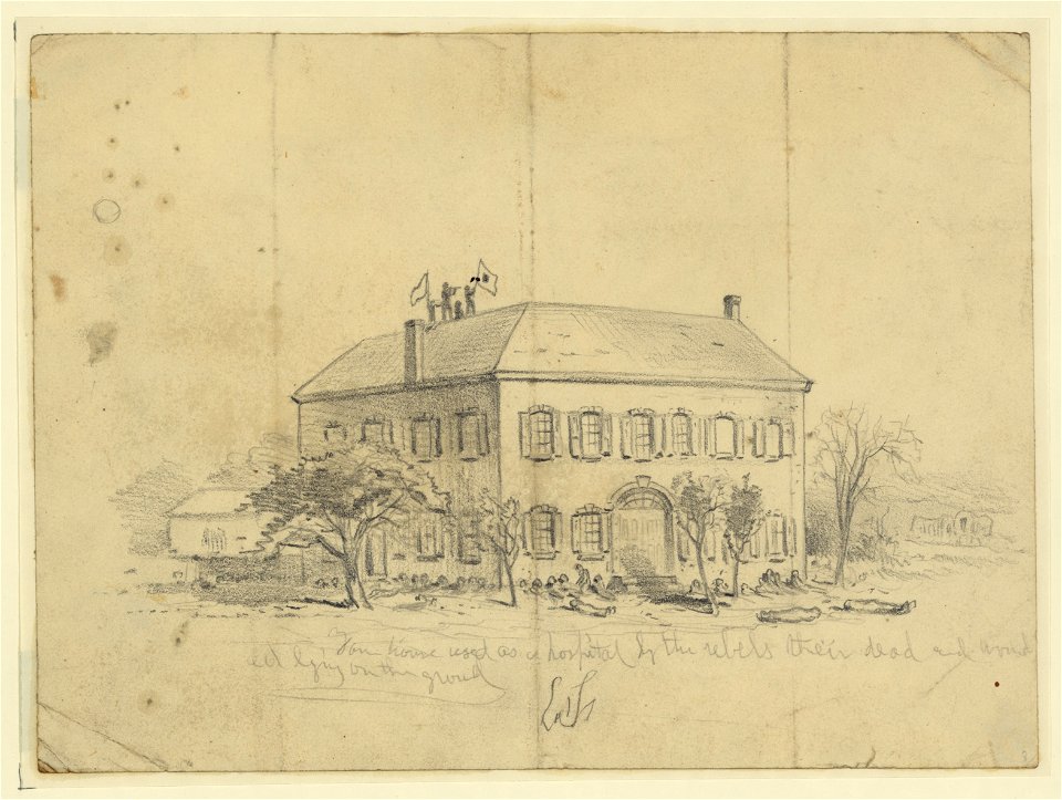 Farm house used as a hospital by the rebels; their dead and wounded lying on the ground LCCN2004661476