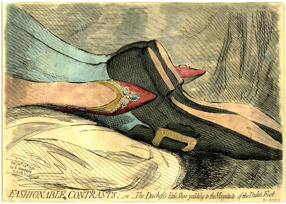 Fashionable contrasts; -or- the duchess's little shoe yielding to the magnitude of the duke's foot (BM 1868,0808.6150 1)