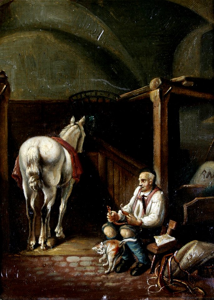 Farrier and horse in a stable c1850