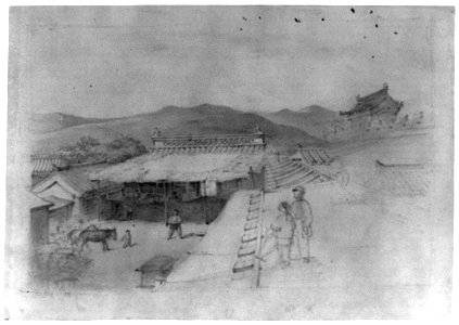 Farm buildings with courtyard and animals, and two figures standing on a roof; large building in the background LCCN2011660760