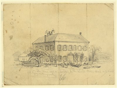 Farm house used as a hospital by the rebels; their dead and wounded lying on the ground LCCN2004661476