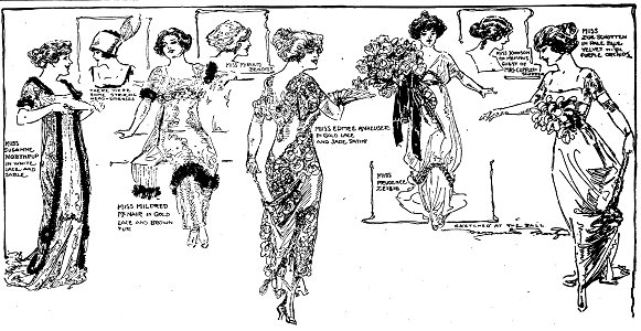 Fashion sketch by Marguerite Martyn of women attending the St. Louis Veiled Prophet Ball in 1911