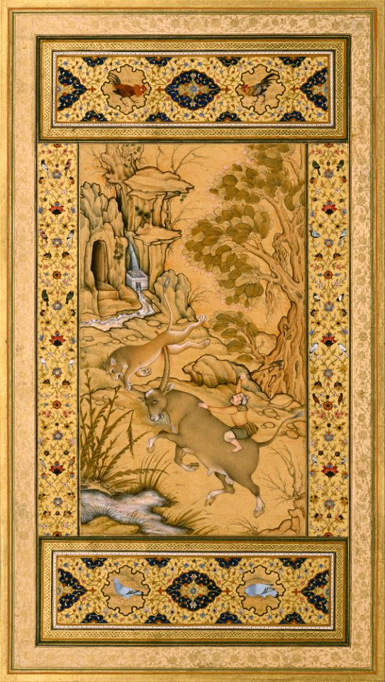 Farrukh Chela - Leaf from the Muraqqa Gulshan- A Buffalo Fighting a Lioness (recto) Calligraphy (verso) - Google Art Project
