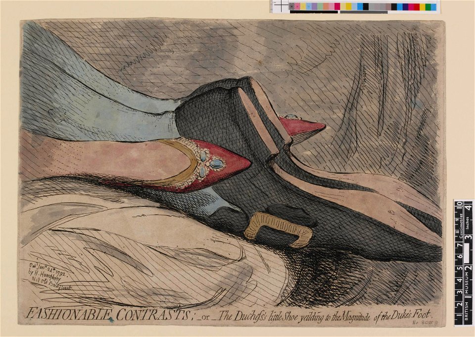 Fashionable contrasts; -or- the duchess's little shoe yielding to the magnitude of the duke's foot (BM 1868,0808.6150)