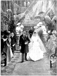 Fashionable Church Wedding—Bride and Bridegroom Leaving the Altar. Free illustration for personal and commercial use.