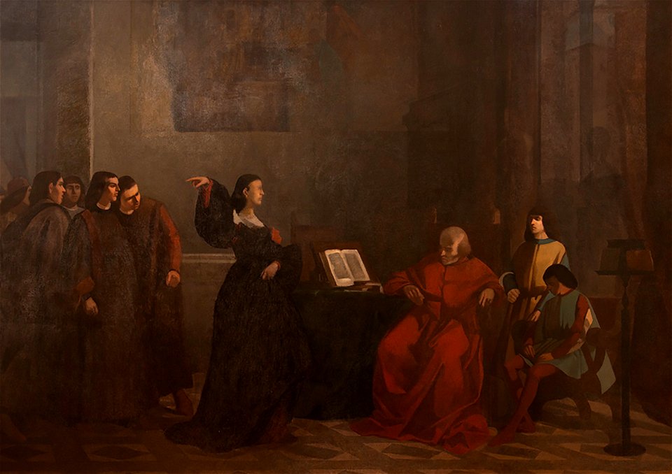 Fattori - Scena Medicea (Clarice Strozzi intima ad Ippolito ed Alessandro de’ Medici di partire da Firenze), olio su tela, cm 204×290, 1857-59