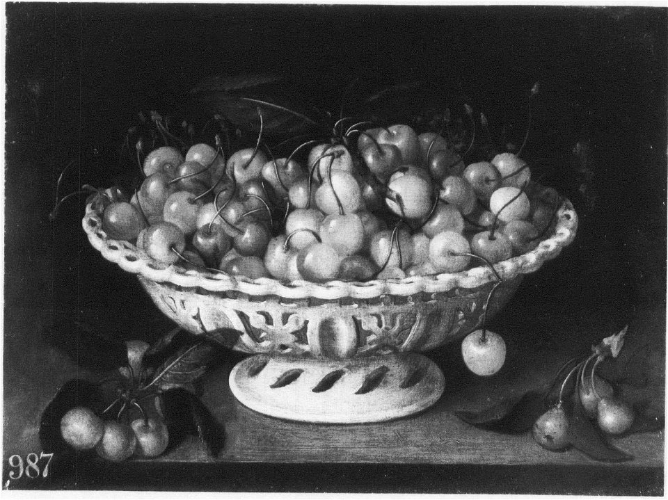 Fede Galizia - Cherries in a bowl on a ledge RCIN 405502