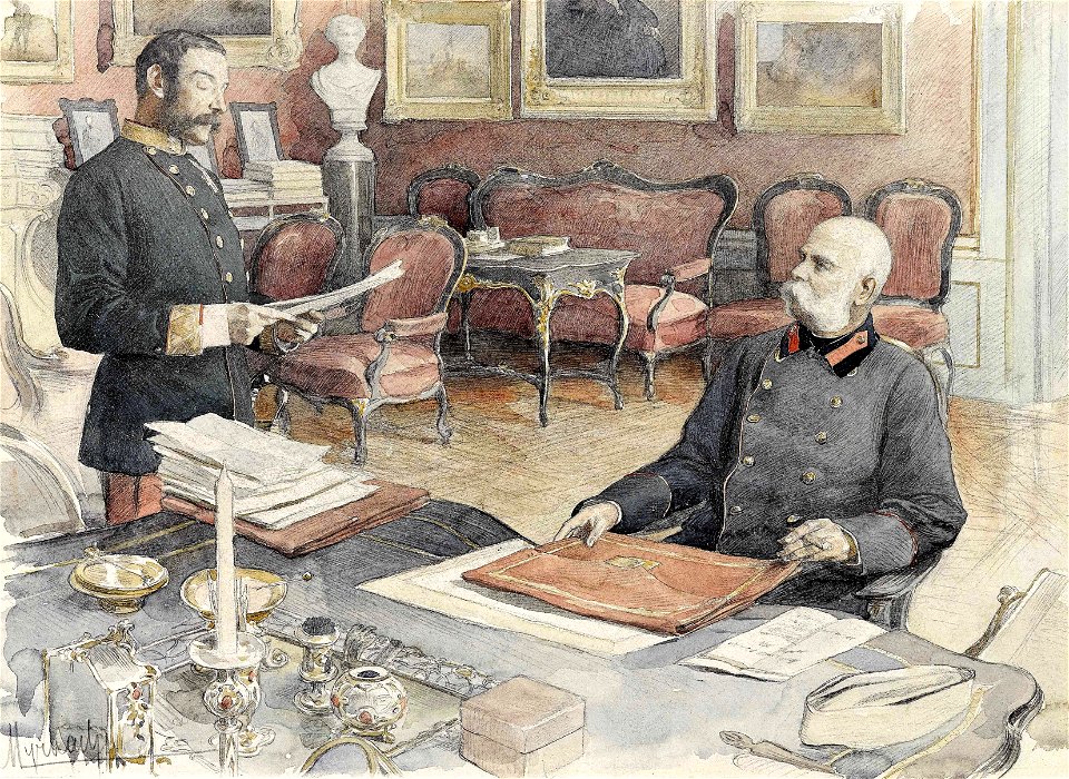 Felician von Myrbach-Rheinfeld - Kaiser Franz Joseph I. von Österreich an seinem Schreibtisch in der Wiener Hofburg