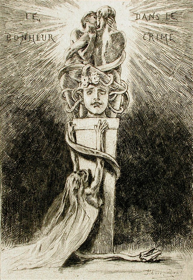 Felicien Rops, Happiness in Crime (1882) etching (12.38 x 9.05 cm) Los Angeles County Museum of Art