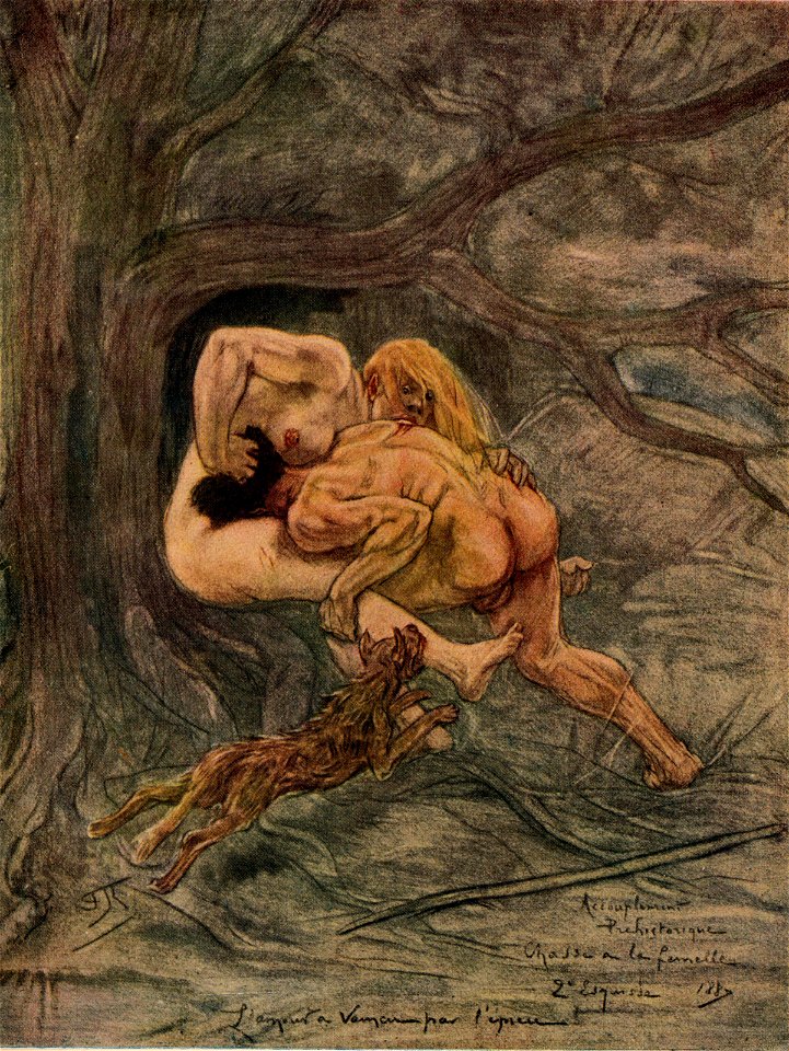 Felicien Rops, Prehistoric Coupling (1887) color pencil, watercolor, gouache (30.5 x 23.6 cm.) Namur