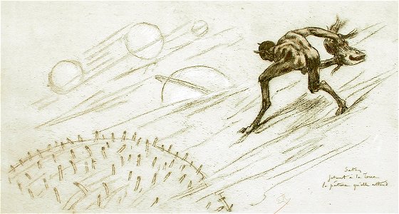Felicien Rops, Satan throwing to the world the food she deserves (no date) soft-ground etching (15.88 × 31.75 cm) Los Angeles County Museum of Art