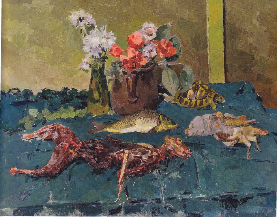 Felix Esterl - Stilleben mit enthäutetem Hasen, Hühnern, Fisch und Schildkröte - 1929