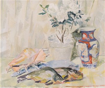 Felix Esterl - Stillleben mit Fischen, Muschel, Blumentopf und Vase - ca1928