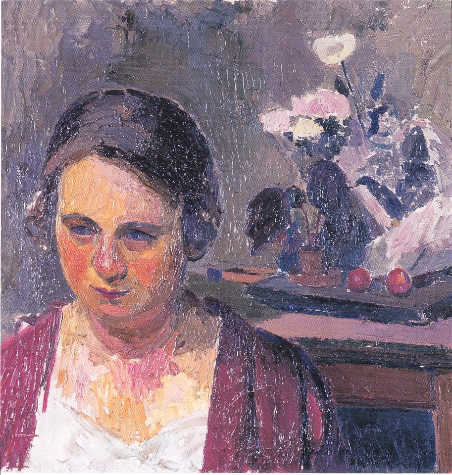 Felix Esterl - Frau des Künstlers mit Blumen - ca 1926