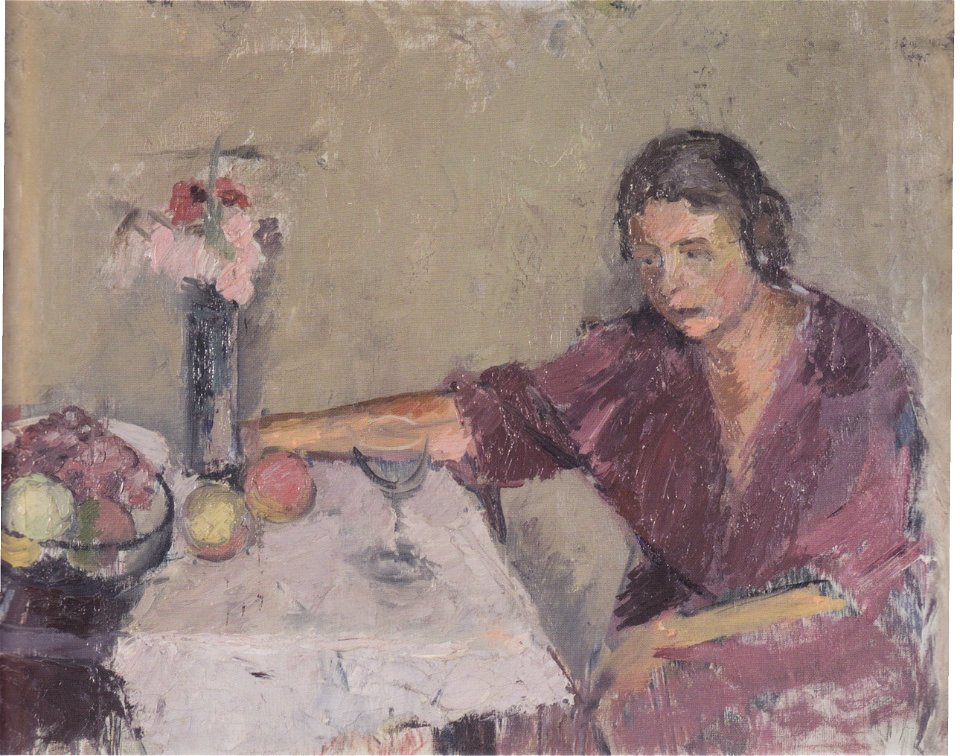 Felix Esterl - Frau des Künstlers mit Blumen, Früchten und Glas - ca 1926